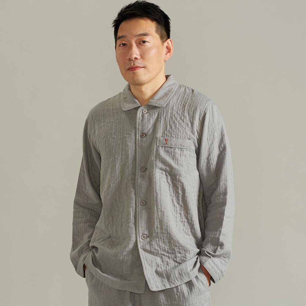 男裝｜雙層紗襯衫式長袖上衣-岩石灰 (M/L)產品圖