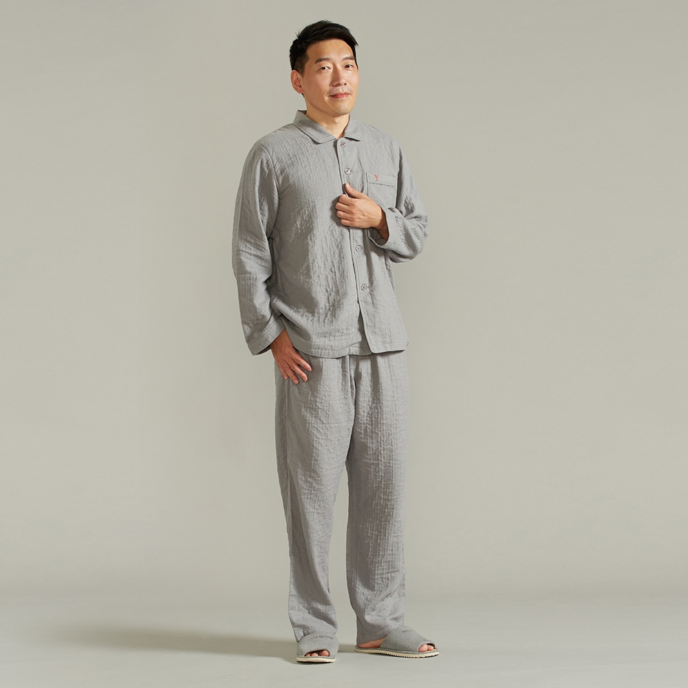 男裝｜雙層紗襯衫式長袖上衣-岩石灰 (M/L)產品圖
