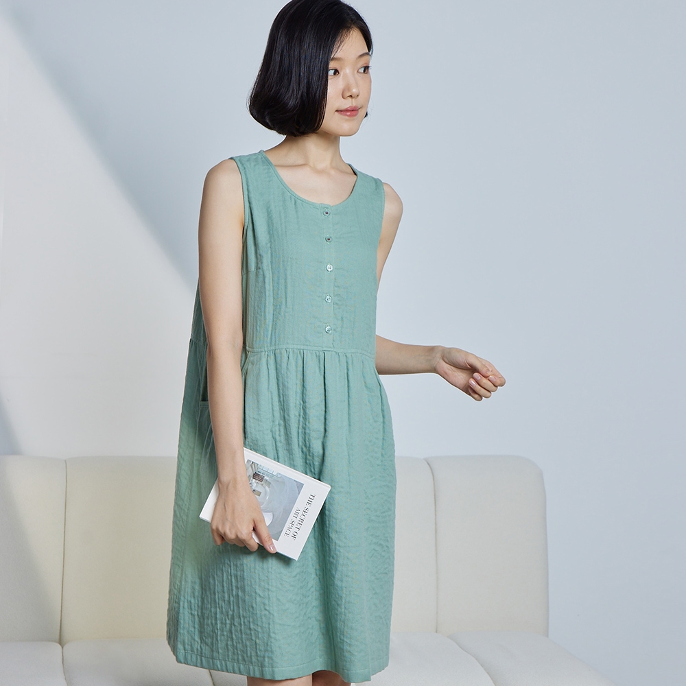 雙層紗半開襟無袖洋裝-淺藍綠產品圖