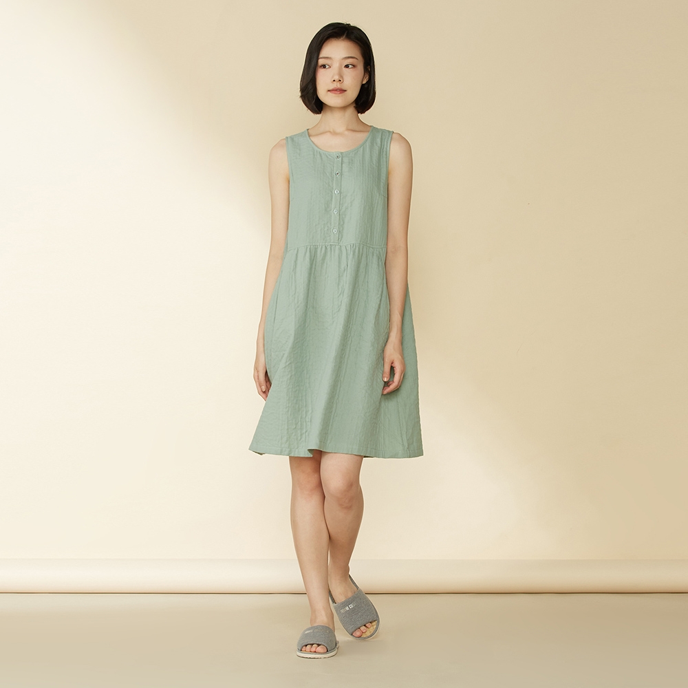 雙層紗半開襟無袖洋裝-淺藍綠產品圖