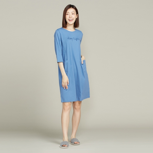 CBD舒眠網印七分袖洋裝-藍