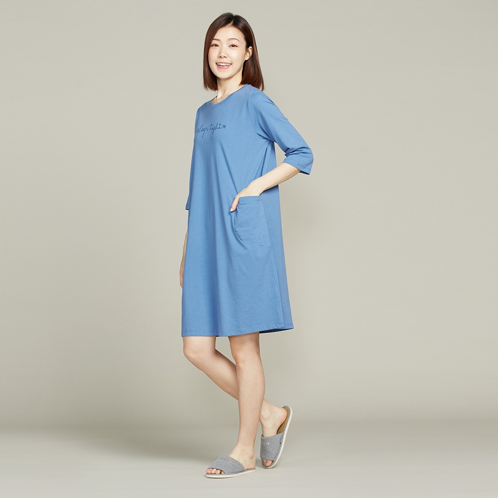 CBD舒眠網印七分袖洋裝-藍產品圖