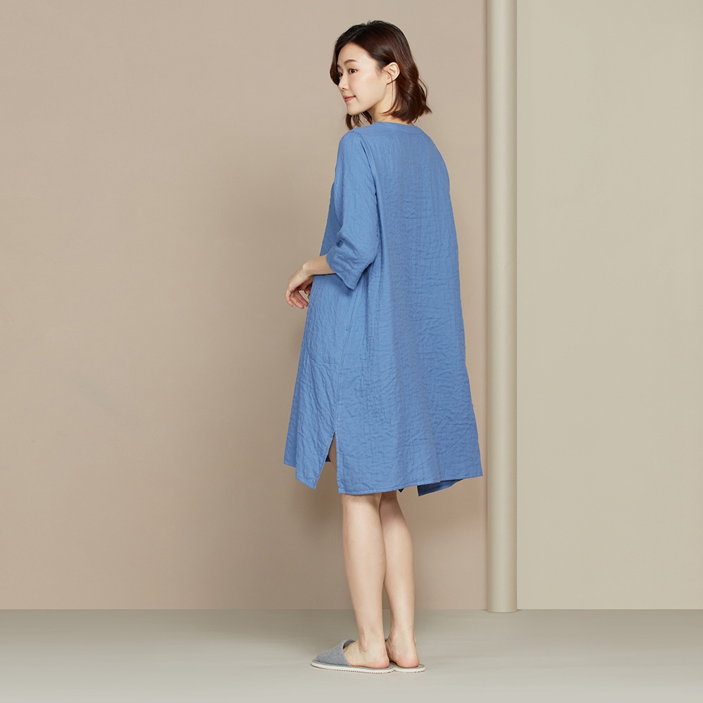 雙層紗開襟七分袖洋裝-藍產品圖