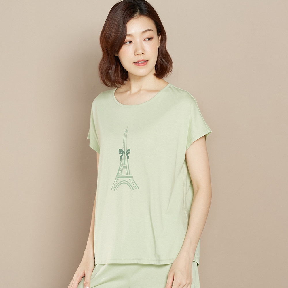 【乳木果】巴黎鐵塔網印短袖上衣-若草綠產品圖