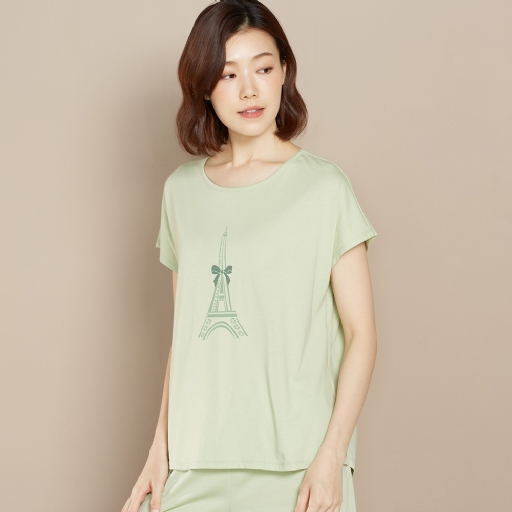 【乳木果】巴黎鐵塔網印短袖上衣-若草綠