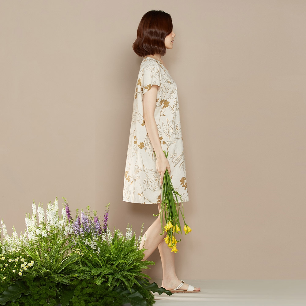 天絲麻印花短袖洋裝-奶霜杏產品圖