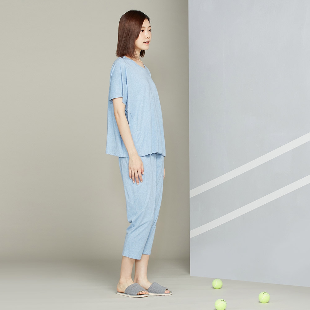 【竹纖維】麻花短袖上衣-藍產品圖