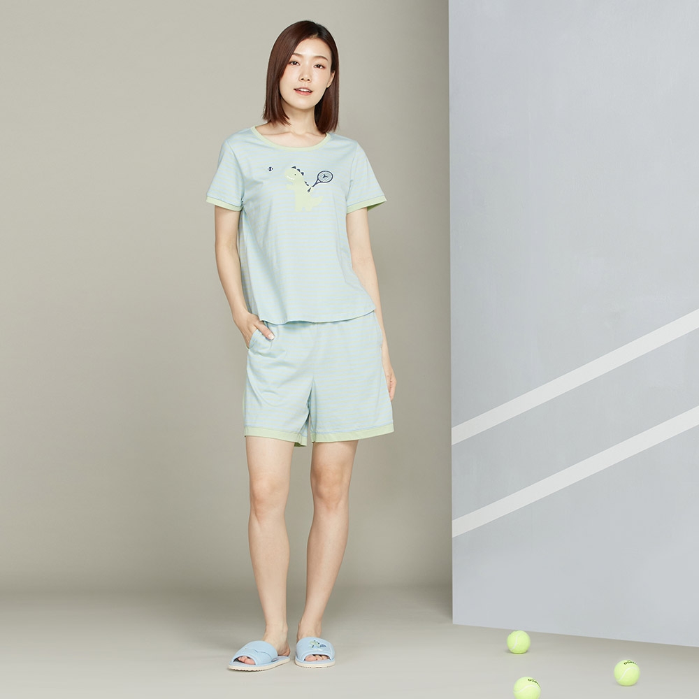 【防蚊】網球恐龍條紋上衣-天空藍產品圖