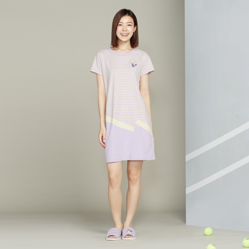 【防蚊】網球恐龍條紋短袖洋裝-薰衣草紫