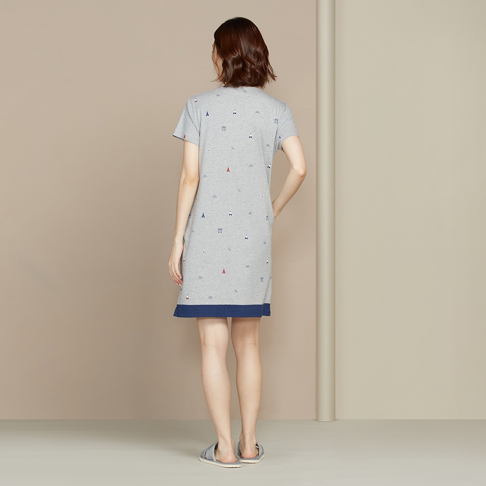 巴黎印花V領短袖洋裝-迷霧灰產品圖