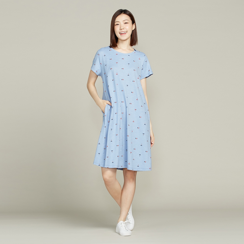 巴黎印花短袖洋裝-藍產品圖