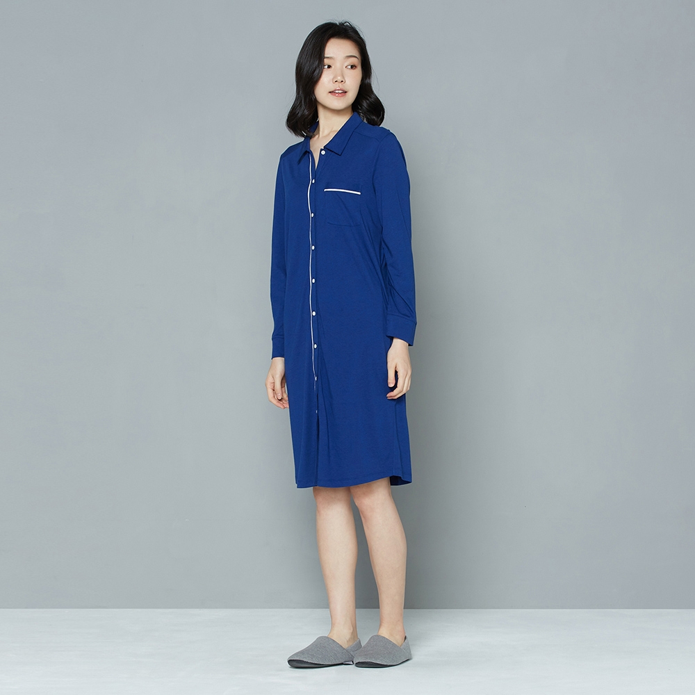 【暖薑纖維】襯衫式長袖洋裝-午夜藍產品圖
