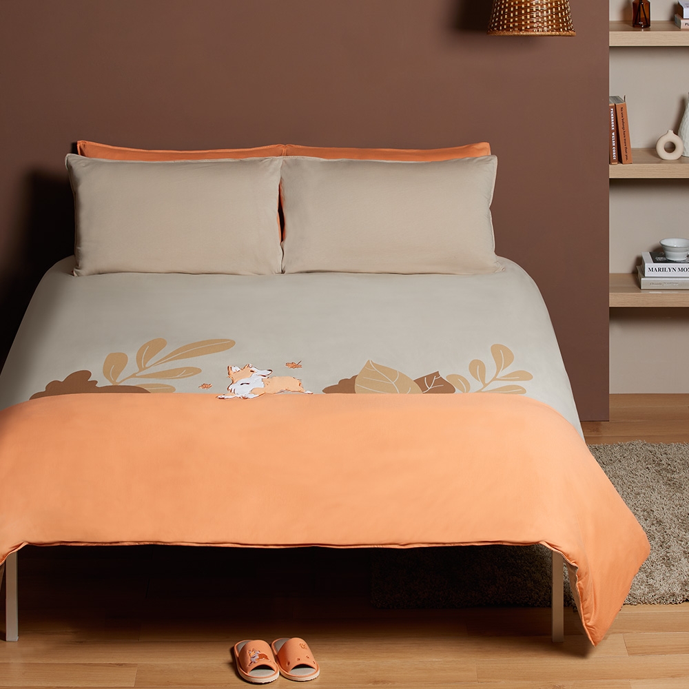 楓葉柯基 加大被套+枕套三件組-奶茶棕/暖陽橘產品圖