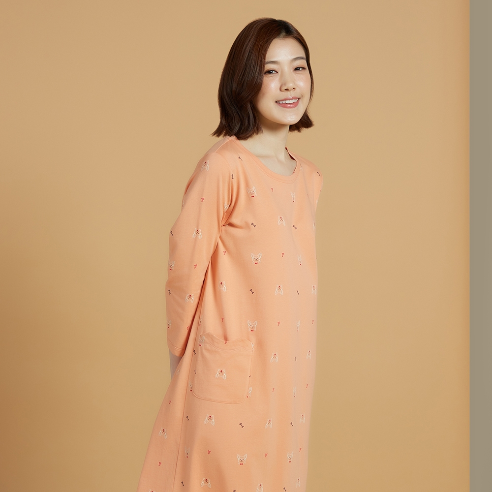 （售價已折）柯基印花長袖洋裝-暖陽橘產品圖
