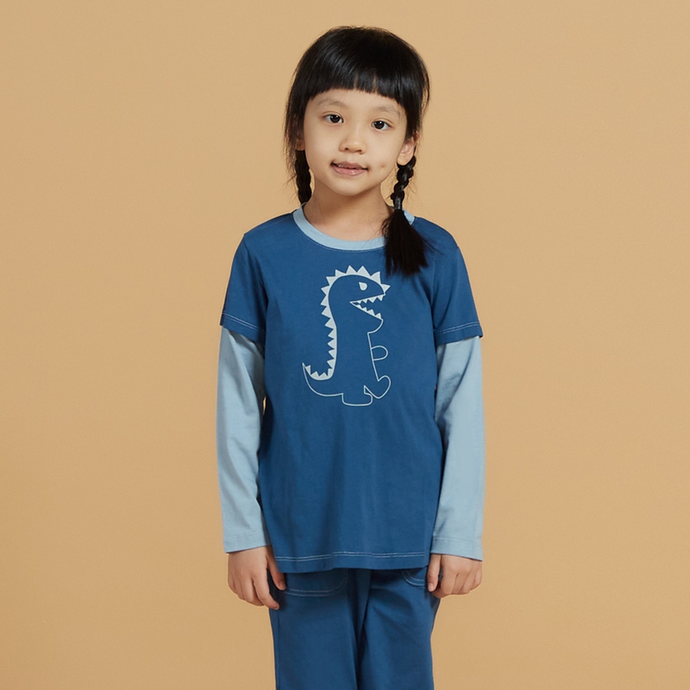童裝｜恐龍網印長袖上衣-普魯士藍 (S/M)產品圖
