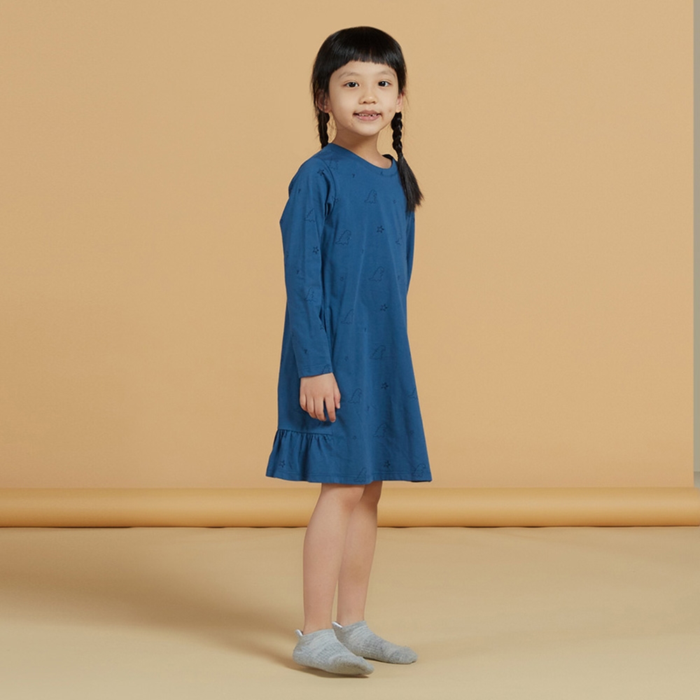 童裝｜恐龍印花長袖洋裝-普魯士藍 (S/M)產品圖