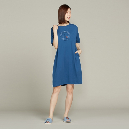 LINEFRIENDS｜熊大網印短袖洋裝-普魯士藍
