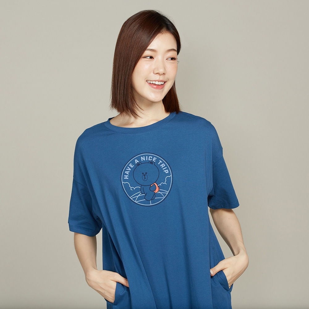 LINE FRIENDS｜熊大網印短袖洋裝-普魯士藍產品圖