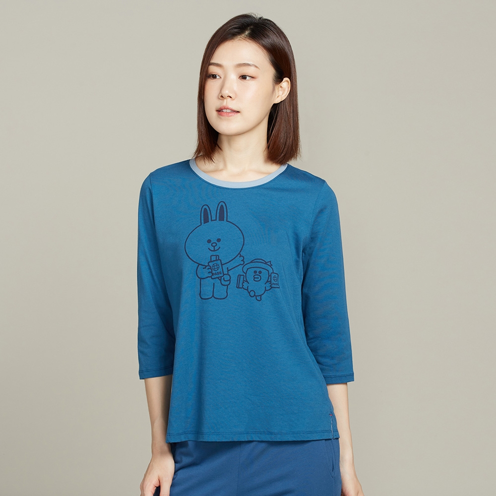 LINE FRIENDS｜兔兔莎莉網印七分袖上衣-普魯士藍產品圖