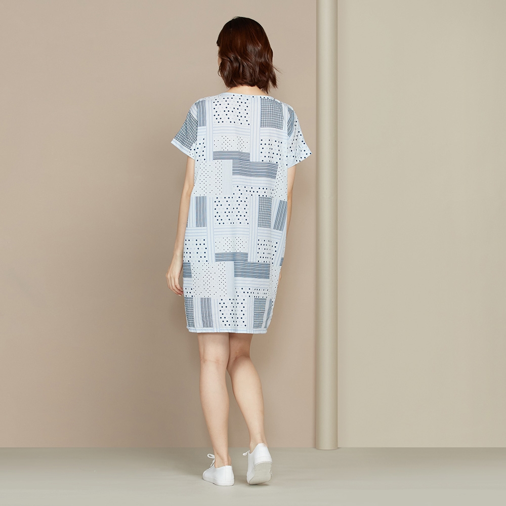 方巾印花短袖洋裝-淺藍產品圖