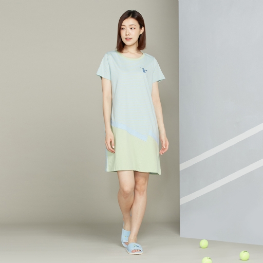 網球恐龍條紋短袖洋裝-天空藍