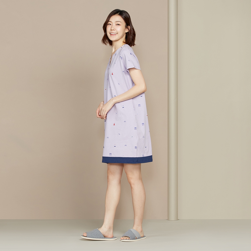 巴黎印花V領短袖洋裝-薰衣草紫產品圖