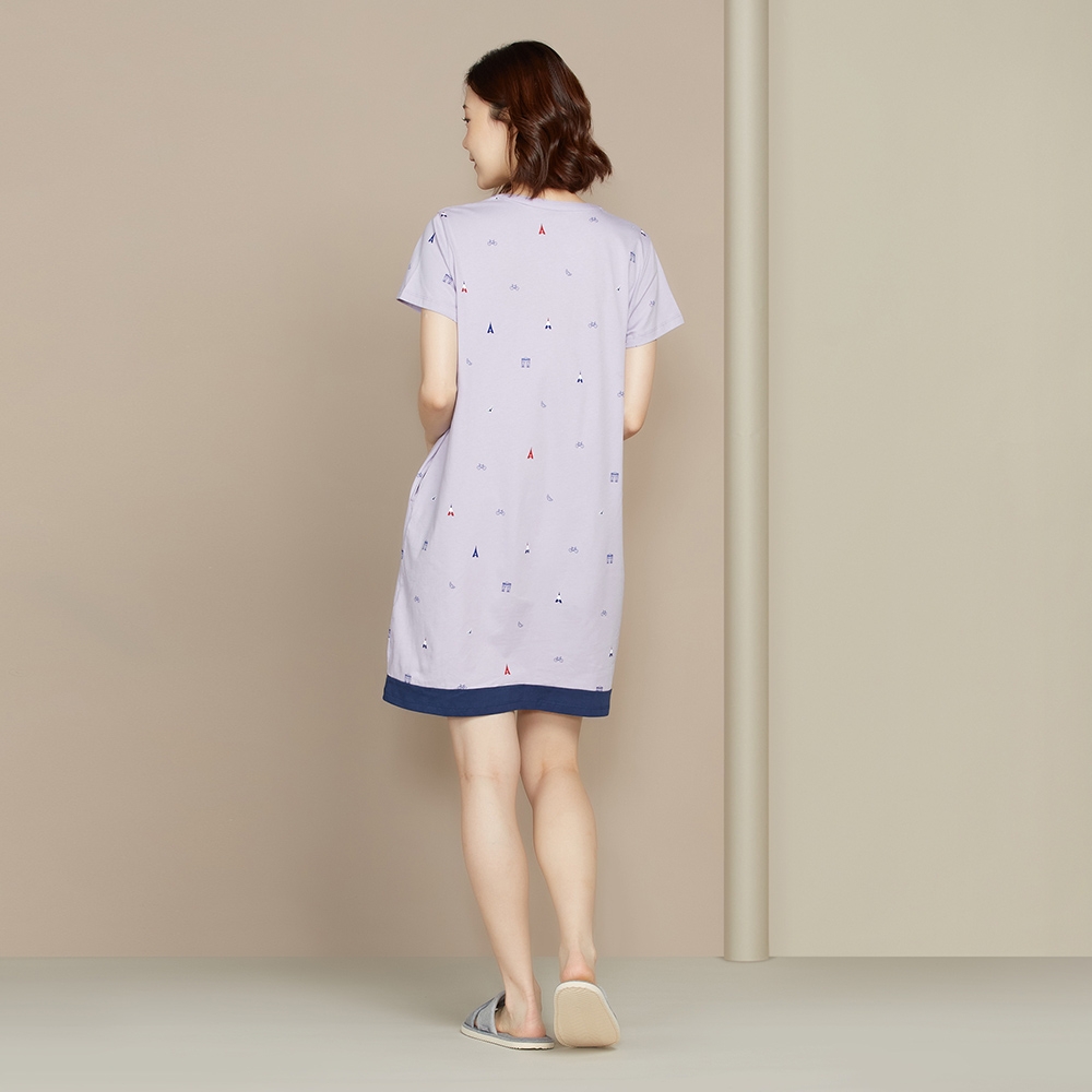 巴黎印花V領短袖洋裝-薰衣草紫產品圖