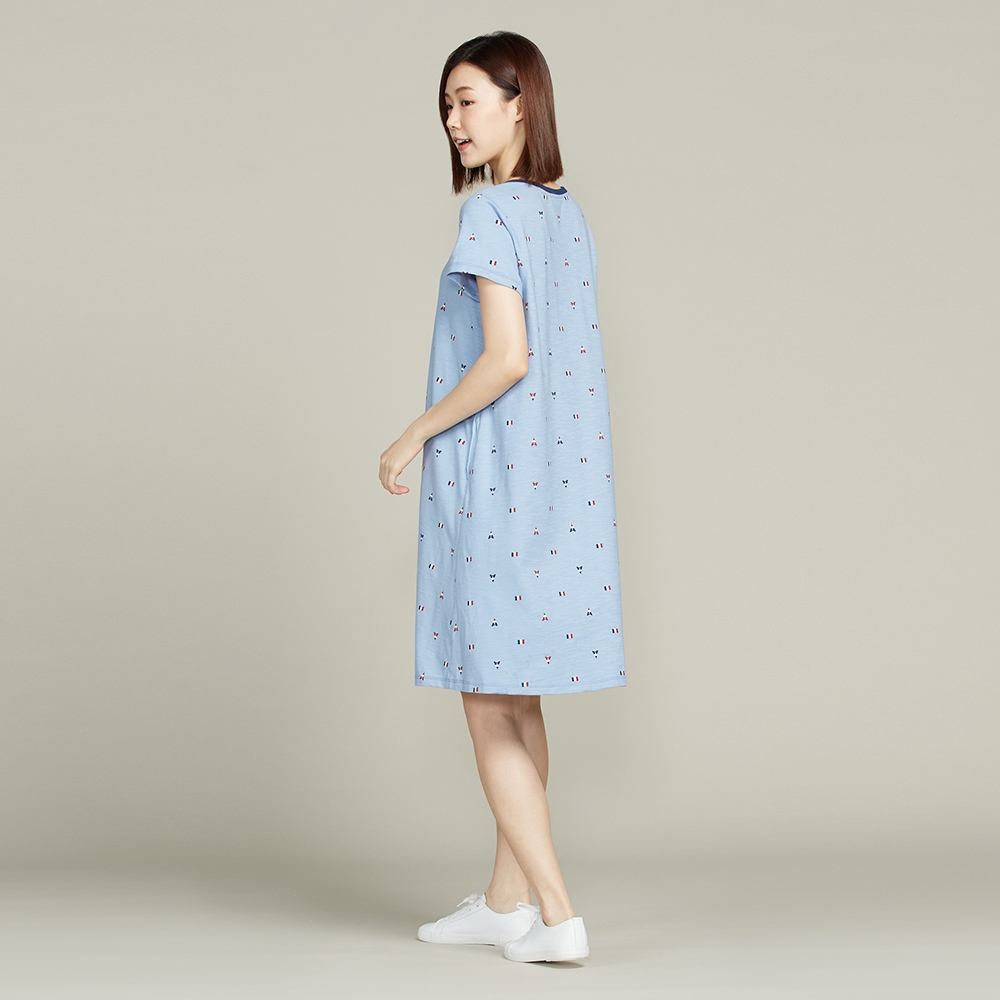 巴黎印花短袖洋裝-藍產品圖