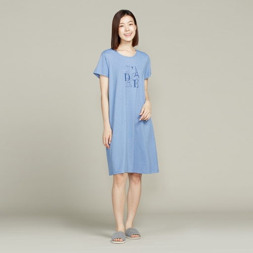 【竹纖維】J'adore網印短袖洋裝-藍