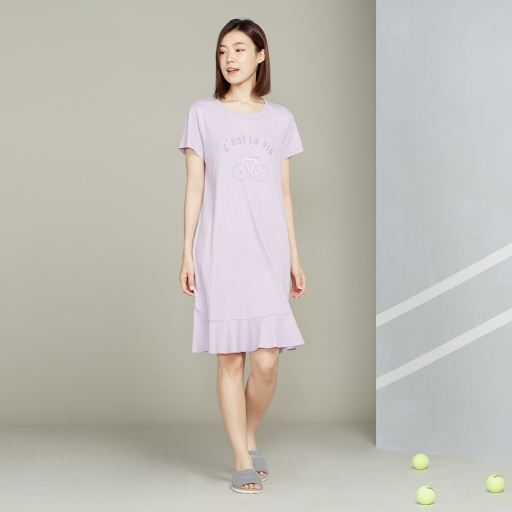 【竹纖維】單車網印短袖洋裝-薰衣草紫