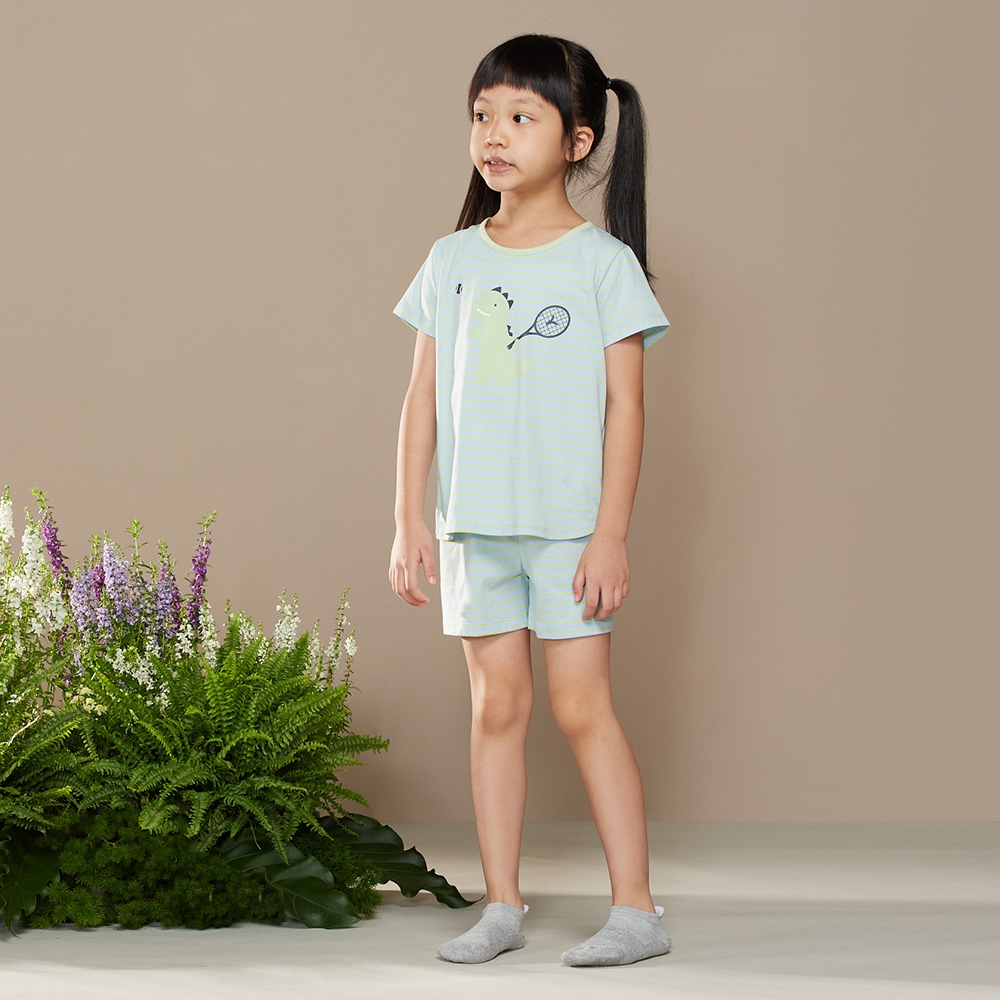【防蚊】童裝｜網球恐龍條紋短袖上衣-天空藍（S/M）產品圖