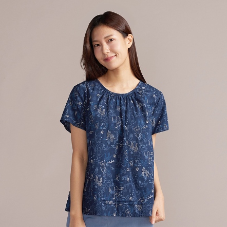動物叢林印花細褶短袖上衣-深丈青