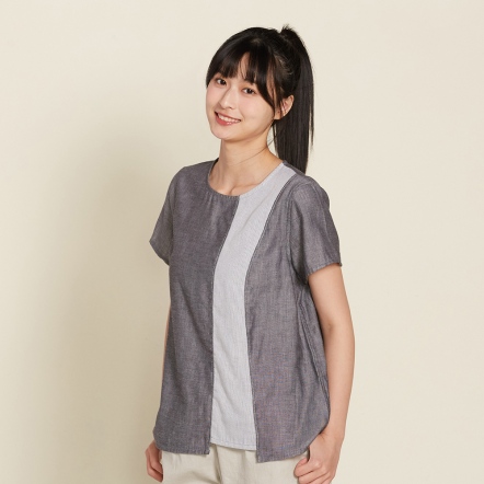 雙層棉拼接短袖上衣-永恆灰