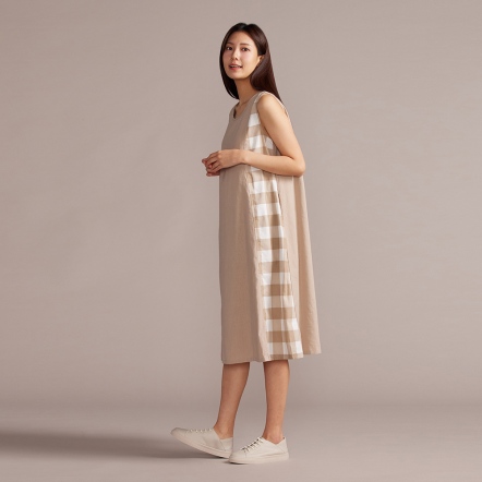 天絲麻拼接無袖洋裝-卡其