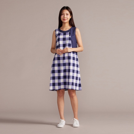 天絲麻格紋無袖洋裝-深丈青