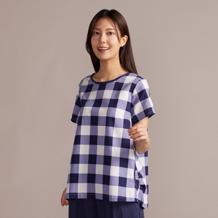 天絲麻格紋短袖上衣-深丈青