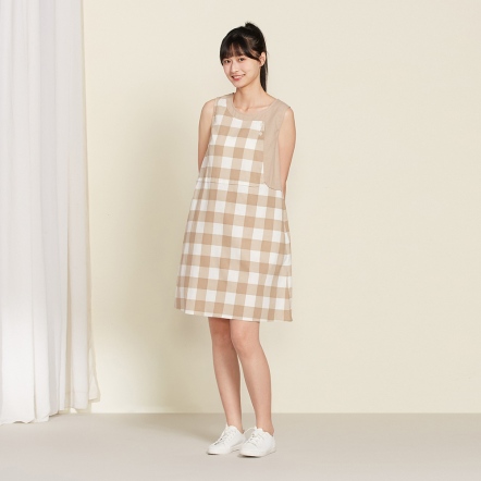 天絲麻格紋無袖洋裝-卡其