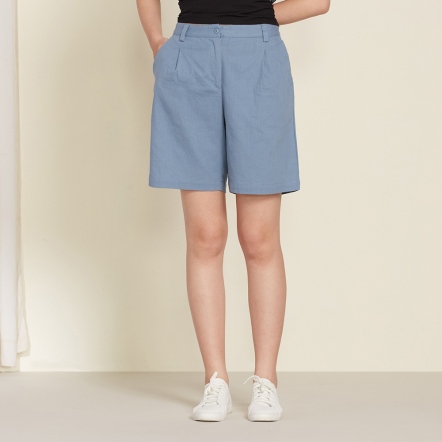 仿麻彈性五分褲-晨霧藍