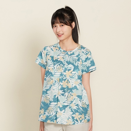 棉麻暈染印花半開襟短袖上衣-薄荷綠