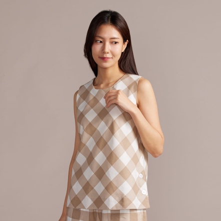 天絲麻格紋背心-卡其