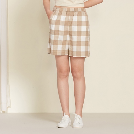 天絲麻格紋短褲-卡其