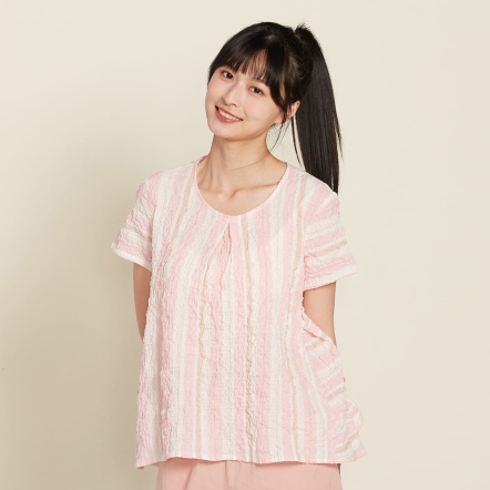 皺皺條剪接短袖上衣-貝殼粉