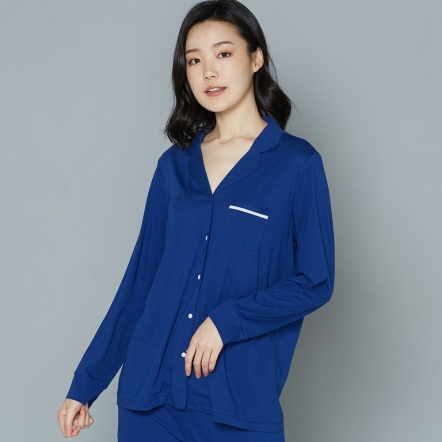 【暖薑纖維】開襟長袖上衣-午夜藍