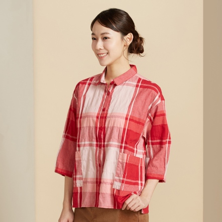 皺皺格紋七分袖襯衫-紅