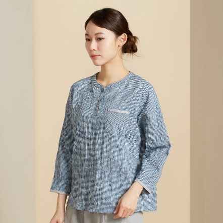 皺皺細格紋提花半開襟長袖上衣-暮光綠