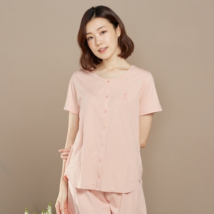 【乳木果】巴黎鐵塔開襟短袖上衣-粉橘