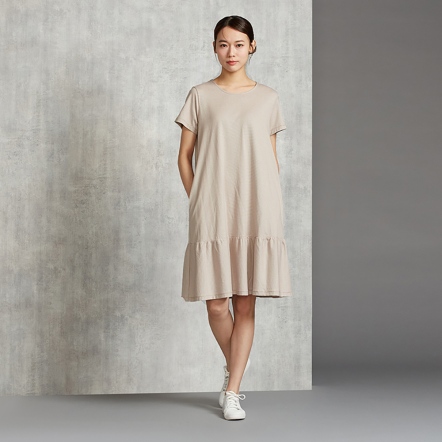 細條紋荷葉短袖洋裝-摩卡棕