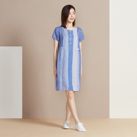 網路限定 | 條紋拼接亞麻短袖洋裝