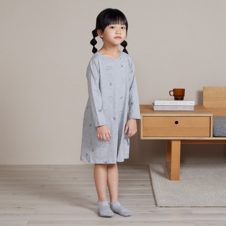 LINE FRIENDS｜童裝 熊大印花長袖洋裝-迷霧灰（S/M）
