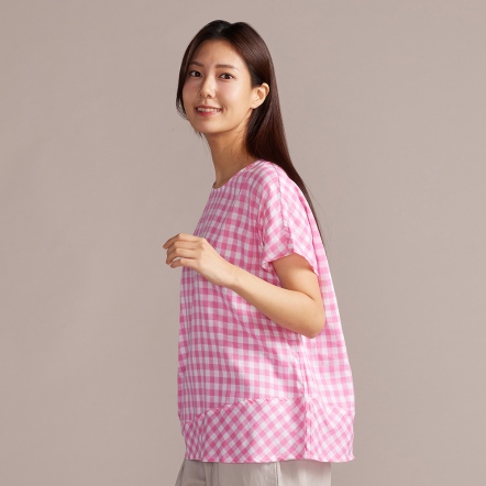 網路限定｜雙層棉格紋拼接短袖上衣